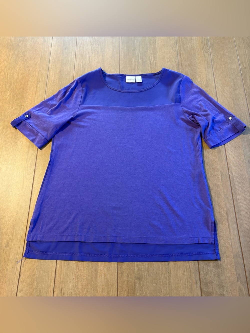 Chico’s Size 1 Purple Mixed Media Hi Low Top Button Sleeve Casual Tunic Classic - Picture 7 of 12